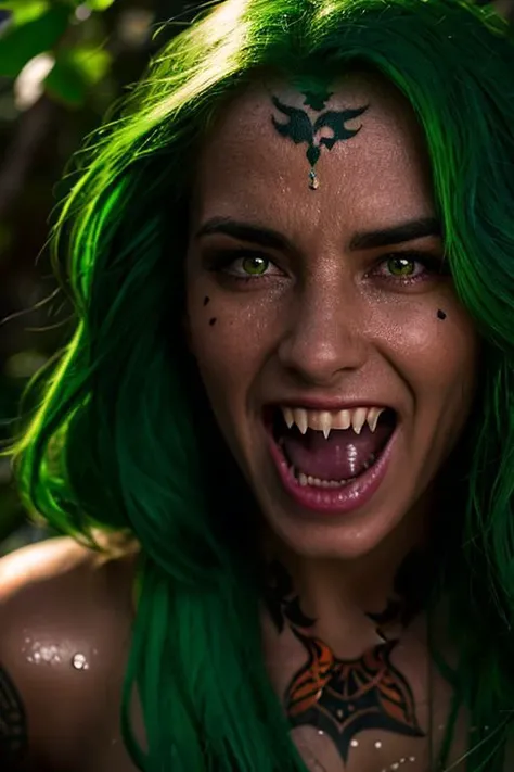 photograph of a freightening mermaid, (green hair:1.1), (copper color skin:1.1), (vampire fangs:1.1), (ivy tattoos:1.1), splashing, water, perfect face, eye contact, perfect hands, threatening expression, dynamic photo, front lighting, Photography, Cinematic Lighting, detailed face, detailed eyes, Detailed, Photorealistic, best quality, 8k, HD, DSLR, Fujifilm XT3, award winning, jungle background