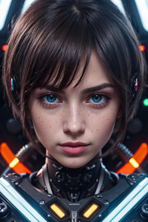 photo, masterpiece, 8k, (best quality:1.3), complimentary colors, (dramatic lighting:1.1), (intricate details:1.1), subsurface scattering, ultrarealistic, <lora:detail_slider_v4:1.0>,
1 girl, adult (elven:0.7) woman, freckles, ruby eyes, dark brown layered hair,
portrait, solo, (full body:0.6), looking at viewer, detailed background, detailed face, ( theme:1.1), android, cyborg, mechanical limbs, mechanical eyes, cables, running, sleek design, digital implants, nanotechnology, robotics, gears, gadgets, powered by magic, flashing blue lights, bioluminescent parts, force field, reflections, neon colors, wires in background, epic atmosphere,