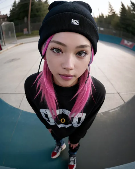 fisheye shot of a young skateboarder woman, dyed hair, street fashion, beanie cap, oversized headphones, mp3 player, 2000's aesthetics, 00's, photoshoot in a skate park, Photorealistic, Hyperrealistic, Hyperdetailed, analog style, detailed skin, matte skin, soft lighting, subsurface scattering, realistic, heavy shadow, masterpiece, best quality, ultra realistic, 8k, golden ratio, Intricate, High Detail, film photography, soft focus