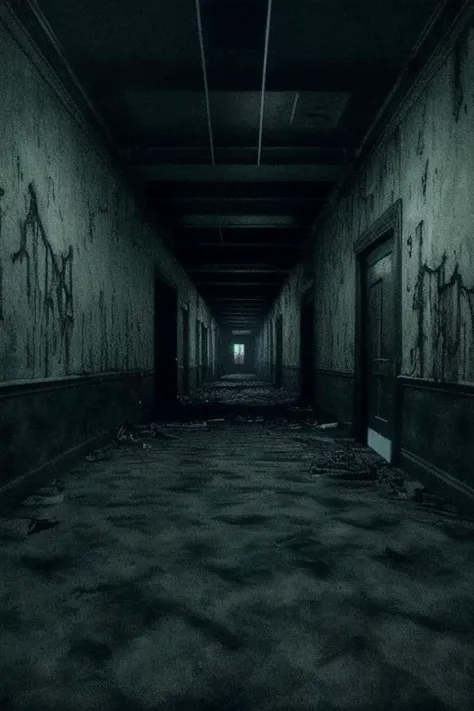 liminalspaces, hallways, empty room, wallpaper, weird, style-gothic-horror in distance