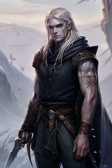 Young beautiful male drow rogue with fade to white grey skin, long straight shiny white hair, blue grey eyes, thin long face, round chin, round plain cheeks, short white eyebrows, little lips with a natural smile and a nice sweet expression, athletic tall body, linen sleeveless tunic. Wairs a pair of sharpen dagger, blades covered with runes, wears tight leathered pants and a fade black cloak with a large wide hood