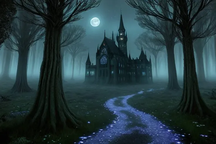 Imagine a world where the veil between reality and fantasy is at its thinnest. Where the moon casts an ethereal glow on landscapes that pulse with life, magic, and mystery,Glowing flora that whispers secrets to the night air,Nocturnal creatures that roam free under the moon's silvery light,Magical phenomena that defy explanation: glowing portals, swirling vortexes, or shimmering auras, Eerie, dark settings typical of gothic tales: crumbling castles, abandoned asylums, or mist-shrouded forests