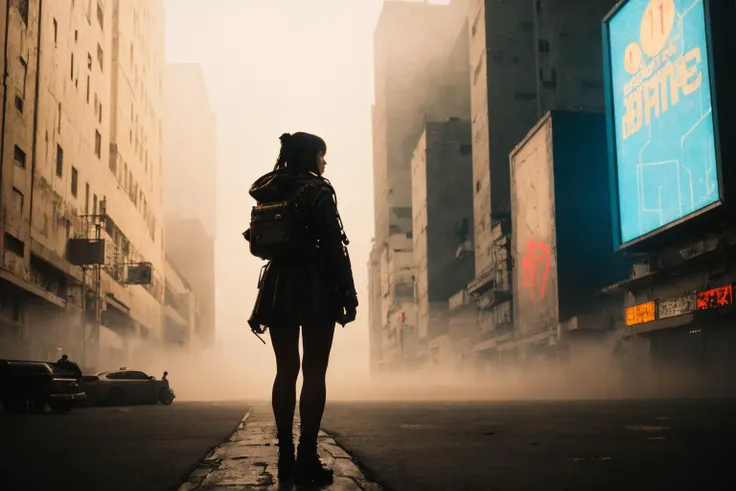 1girl, an 18 year old woman is lost and afraid, she is looking for a way home but can't seem to find the way home, gothic, surreal, emotional, matte painting, golden hour, 35mm, cinematic, 4k, highly detailed, photorealistic, volumetric lighting, dynamic, highly detailed, high budget, cinemascope, stained, epic, sharp focus, film grain, grainy, wide shot, (((cyberpunk:1, steampunk:1))), mist, bokeh