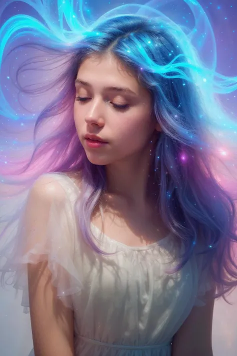 0001SRGoodPictureV2, Beautiful female angel (her hair made of multycolor fog floating around a head:1.4), closed eyes, (surrealistic:1.3), shiny pale skin, bright backlight, (glowing light particles floating around girl:1.3), looking away, (volumetric fog:1.4),  AS-YoungV2