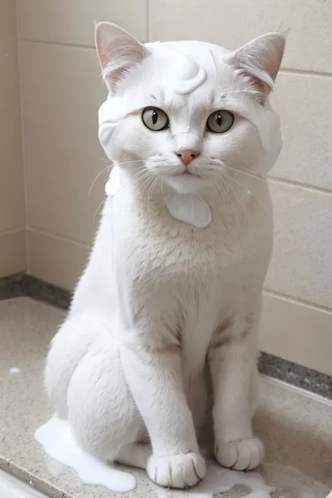 A cat covered in soapy suds,