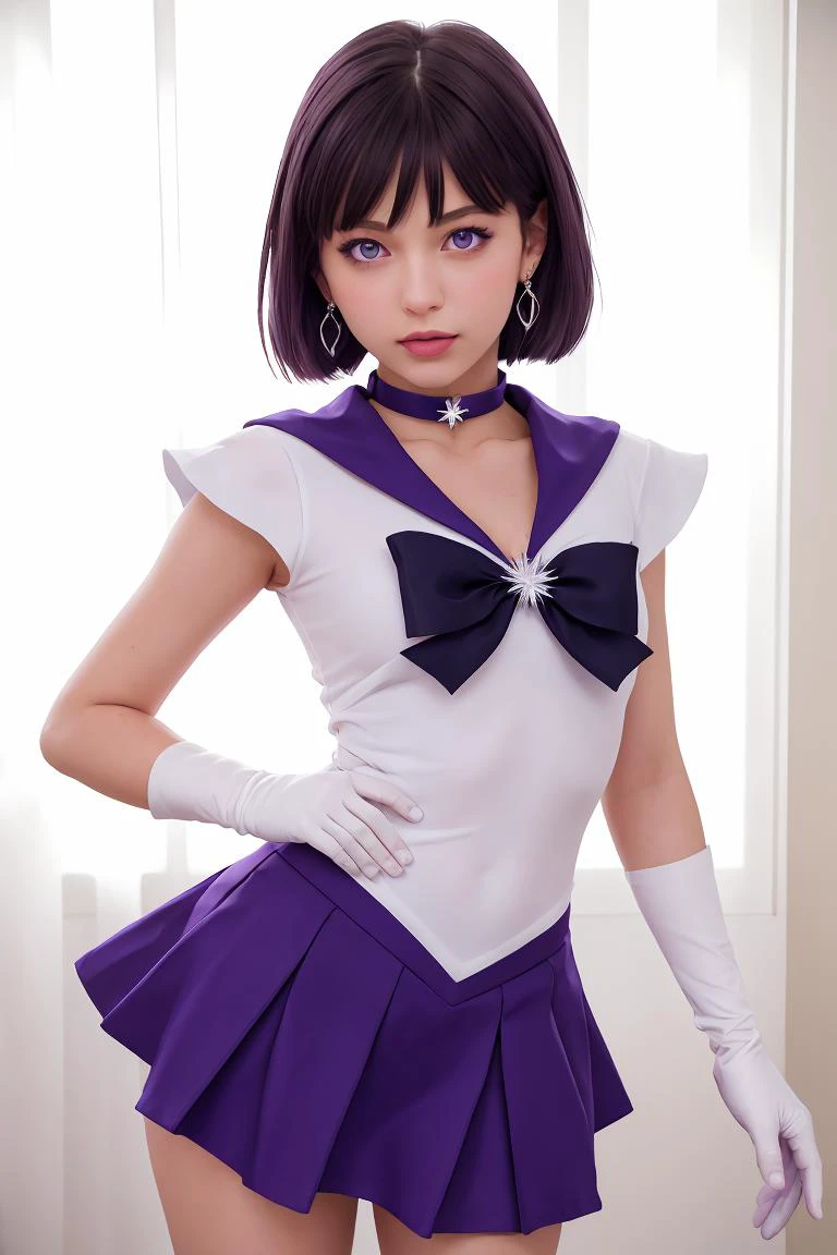 (masterpiece, best quality), 1girl, <lora:sailorsaturn-lora-nochekaiser:0.8> sailor saturn, (purple eyes:1.1), short hair, purple hair, circlet,, brooch, choker, earrings, gloves, jewelry, magical girl, miniskirt, purple sailor collar, sailor collar, sailor senshi uniform, skirt, star choker, white gloves,