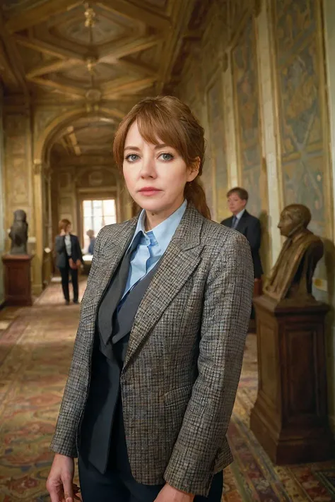 photorealistic photo of philcunk, a mature woman wearing a light blue blouse and dark grey plaid jacket, fine lines and wrinkles, standing in a museum, looking at the camera, realistic, (masterpiece:1.1), (best quality:1.1), beautiful, (intricate details), unity 8k wallpaper, ultra detailed, aesthetic, perfect lighting, <lora:philcunk_V1-000008:0.85>