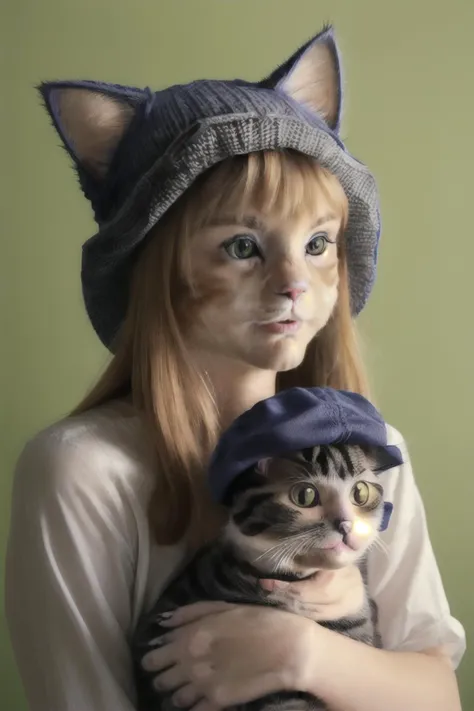 (cat with a hat:1.5) BREAK girl wearing a cat hat holding a cat