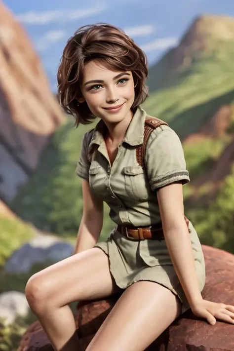 beautiful mountains and rocks in the background, (red sky: 1.2), full-length woman with natural breasts sitting on the edge of a cliff, black hair on her head, best photo, (smile: 1.1), (very detailed face: 1.4), pale skin, (detailed skin texture: 1.2), (red sky: 1.2), 8K, (photorealistic: 1.5), ultra sharp, (masterpiece), best quality, (extremely detailed: 1.3), Bayard Wu style, <lyco:GoodHands -beta2:1.0> <lora:Shurik:1>