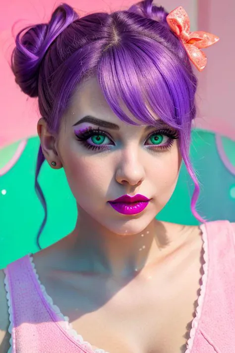 hyper realistic pastel goth girl, vibrant, bright, purple long curly hair put up into two large messy buns adorned with bright pink bows, bright green eyes, button nose, full lips, glittery pink lipstick