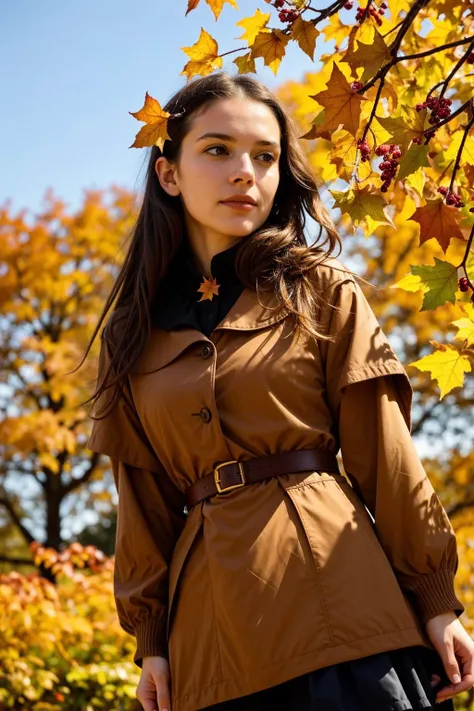 Style-GHL, Cute lady, element of air, manipulates the autumn wind, (frame made of leaves:1.1), wreath of autumn leaves,beautiful, high detail, professional photo, random angle, flowers levitating around her, distant view, gothic, realistic, dark botanical,