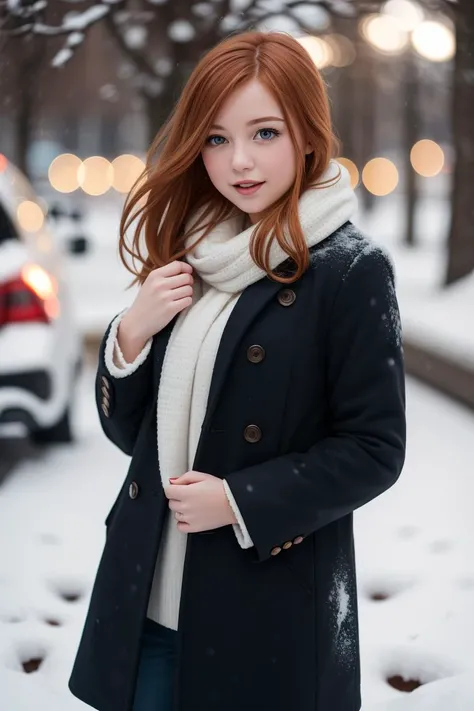 young redhead woman outside in the snow, bokeh, motion blur