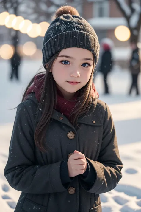 young girl outside in the snow, bokeh, motion blur