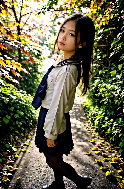 ((full body:1.2)), 1girl,(Realistic:1.10), dynamic pose, masterpiece, best quality, cinematic lighting, natural shadow, highest detail, professional photography, detailed background, depth of field, insane details, intricate, aesthetic, subsurface scattering, looking at viewer, ((Low Angle)), yoshioka yui,beautiful girl,autumn leaves, outdoors, volumetric light, cinematic, natural lighting, professional DSLR camera, depth of field, forehead, long hair, motion blur, photo \(medium\), sailor collar, school uniform, serafuku, solo, <lora:Y0shiYuiv1:0.8>,<lora:lcm-lora-sdv1-5 :1>