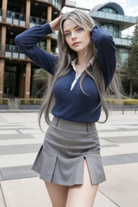 masterpiece, best quality, photorealistic, 1girl, grey hair, long hair, walking, arms up, hair ornament, blue eyes, business uniform, miniskirt, (fractal:1.3), theme park, cowboy shot, <lora:CyberBeauty_V30:0.7>