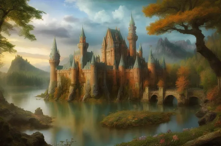 professional raw color photo, best quality, ultra detailed, landscapes of fantasy book, mythical creatures and monsters, ancient castles, enchanted forests