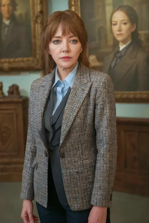 photorealistic photo of philcunk, a mature woman wearing a light blue blouse and dark grey plaid jacket, fine lines and wrinkles, standing in a museum, looking at the camera, realistic, (masterpiece:1.1), (best quality:1.1), beautiful, (intricate details), unity 8k wallpaper, ultra detailed, aesthetic, perfect lighting, <lora:philcunk_V1-000008:0.85>