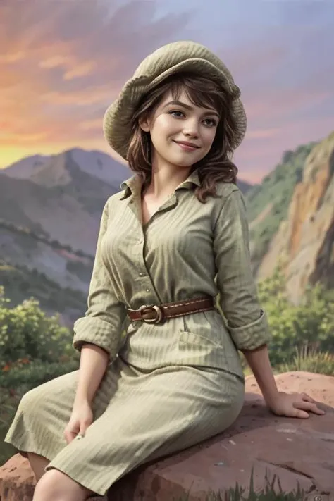 beautiful mountains and rocks in the background, (red sky: 1.2), full-length woman with natural breasts sitting on the edge of a cliff, black hair on her head, best photo, (smile: 1.1), (very detailed face: 1.4), pale skin, (detailed skin texture: 1.2), (red sky: 1.2), 8K, (photorealistic: 1.5), ultra sharp, (masterpiece), best quality, (extremely detailed: 1.3), Bayard Wu style, <lyco:GoodHands -beta2:1.0> <lora:Shurik:1>