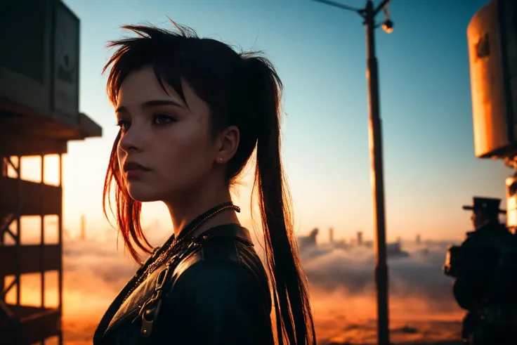 1girl, an 18 year old woman is lost and afraid, she is looking for a way home but can't seem to find the way home, gothic, surreal, emotional, matte painting, golden hour, 35mm, cinematic, 4k, highly detailed, photorealistic, volumetric lighting, dynamic, highly detailed, high budget, cinemascope, stained, epic, sharp focus, film grain, grainy, wide shot, (((cyberpunk:1, steampunk:1))), mist, bokeh