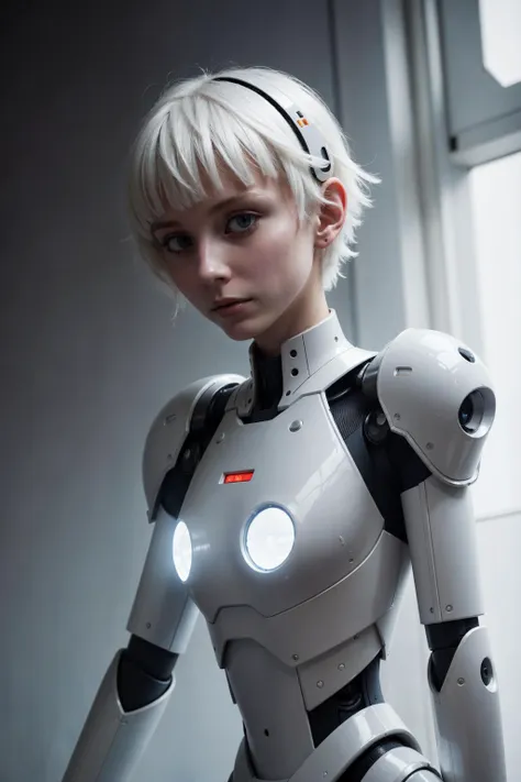 robot, (dynamic angle:1.2), futuristic city, (short white hair:1.1), photo of skinny (robotic girl:1.2), (mechanical arms:1.2), multicolored armor, white skin, sad, masterpiece, volumetric light, best quality, complimentary colors, dramatic lighting, intricate details, subsurface scattering