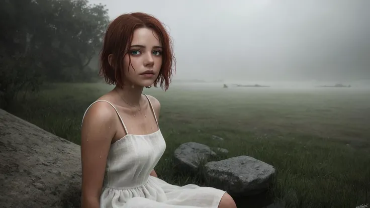 a photo of a 18 year old girl, 1girl, very short hair, messy hair, scruffy hair, red hair, green eyes, small breasts, pale skin, long white linen dress, sitting on a rock, ((suductive smurk)), looking at viewer, windy, raining, thunderstorm, soaking wet, see through dress, wet hair, high detail, gothic, misty fog, secret garden background, matte painting, by greg rutkowski