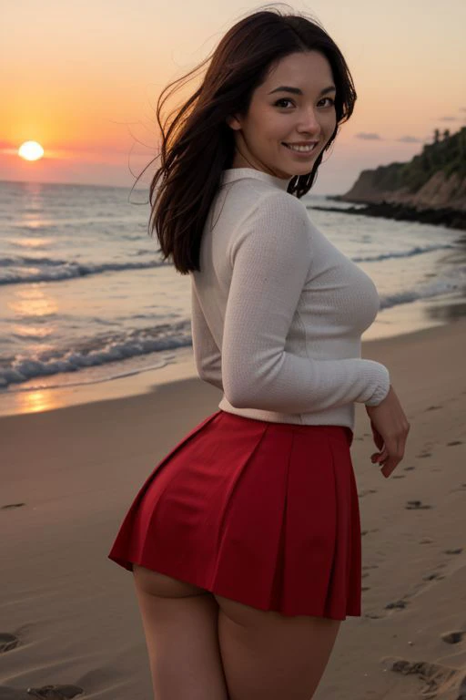flare skirt, fast wind blowing through hair, beach, sunset, bending over, side camera angle, perfect round breasts, <lora:roundassv1:0.8>, smiling