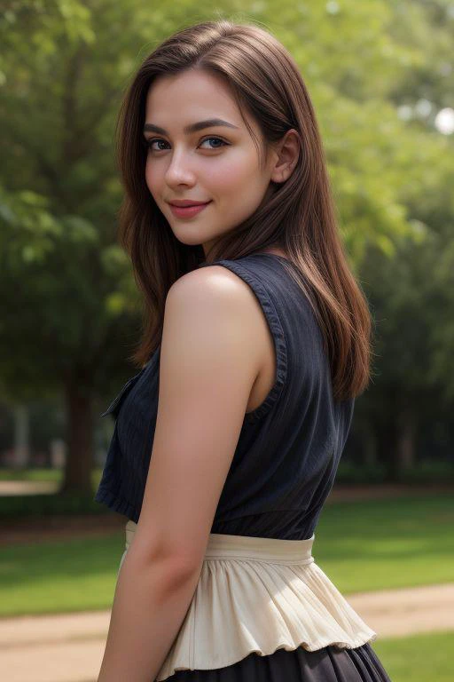 1 lady, age 30, (MILF), beautiful, skirt, seducing smile, depth of background, public park background view, ((normal body)), big hips, big booty, ((wide hips view)), ((big tits)), modern, soft face, delicate look, full view, complete view,, best quality lighting, oily skin , shiny face, beautiful, elegant, highly detailed, (realistic high resolution), (8K), (extremely detailed), (beautiful realistic eyes), (best quality), (super detailed), (masterpiece),
