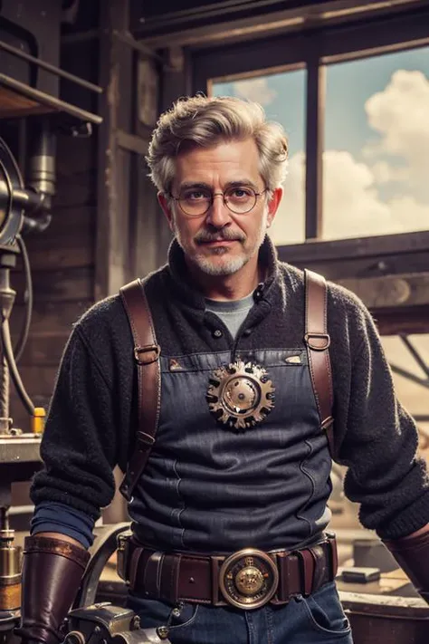 photo, masterpiece, 8k, (best quality:1.3), complimentary colors, (dramatic lighting:1.1), (intricate details:1.1), subsurface scattering, ultrarealistic, <lora:detail_slider_v4:1.0>,
(1man, old spanish male:1.2), hazel eyes, white hair, drop fade,
(style-swirlmagic:0.9), (steampunk cyborg:0.8), portrait, looking at viewer, solo, half shot, detailed background, ( theme:1.1) evil smile, dynamic pose, dark clouds artificer, floating gears, dark purple grease-stained dirty clothes , techwear, mechanical gloves , medieval glasses, lead pipe, abandoned ruins in background, gears, steam, engineering, levers, , intricate clockwork mechanisms, , tesla coils, , soot,