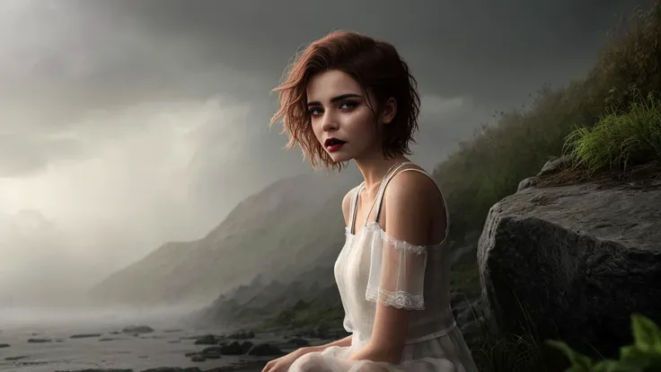 a photo of a 18 year old girl, 1girl, very short hair, messy hair, scruffy hair, red hair, green eyes, small breasts, pale skin, black lipstick and eye liner, ((long white linen dress)), sitting on a rock, ((suductive smurk)), looking at viewer, windy, hair blowing in the wind, hair covering cheeks, raining, thunderstorm, soaking wet, ((see through dress)), wet dress sticking to body, wet hair, covered in water, high detail, gothic, misty, foggy, matte painting, by greg rutkowski, digital painting, artstation, concept art, smooth, sharp foccus, ilustration, secret garden background
