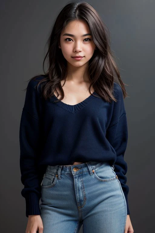 realistic photo,photorealistic,hyperrealistic,intricate details, (depth of field,bokeh:1.2), head and chest portrait of an 18 year old Vietnamese girl, cute, adorable, petite, small body, long hair, (medium breasts), small body, tight body, innocent, perfect face, beautiful face, bright radiant eyes, perfect proportions, wearing an oversized navy sweater and blue denim jeans, posing in front of a black and gray background, shy subtle smile, innocent expression