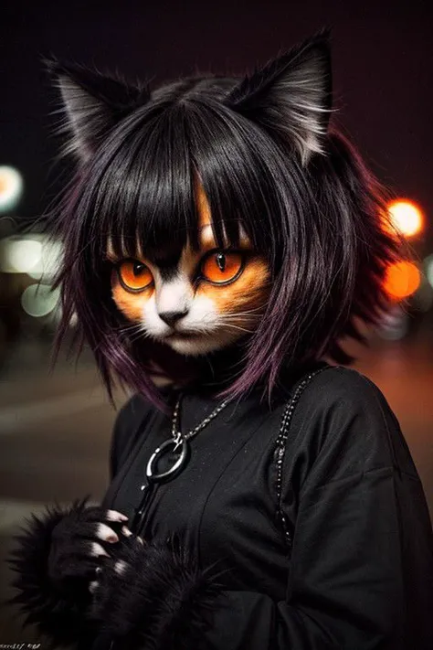 closeup shot of cute furry orange goth cat, goth clothing, on the streets at night, on the search for a gothic club, bokeh