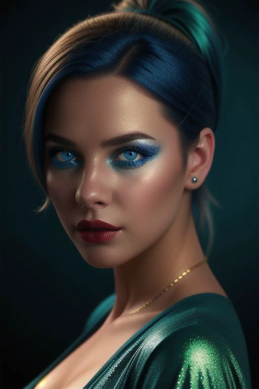 YOUNG WOMAN, ASHY Hair, Ponytail, BLUE HAIRTIPS, Cupid s Bow Lips, Glossy Lipstick, Metallic and Glitter Makeup, Glamorous, (highly detailed  darkgreen-darkblue eyes), ((highly detailed face)), epic, vibrant, evil stile, ULTRA Detailed, PERFECT Quality, Sheer LACE Top, MAGIC ILLUMINATED Background, intricate artwork masterpiece, golden ratio, highly detailed, cinematic character render, ultra high quality, kinophoto lens, octane render 32k UHD, HDR,