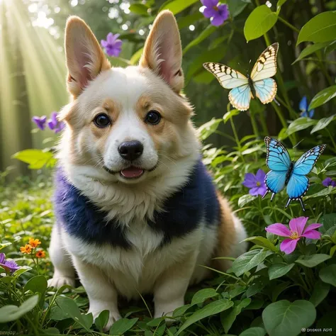 close up,welsh pembroke corgi,photography portrait of blue welsh pembroke corgi avatar, bright lights,big ears , ((in lush magical forest with flowers and butterflies)), ((hard hair shadow on the face)), symetrical, 35mm, bokeh, 9:16, (intricate details:1.12), hdr, (hyperrealism, soft light, sharp:1.2), depth of field, 32k uhd, natural light, ((god rays:1.1)), sunny day