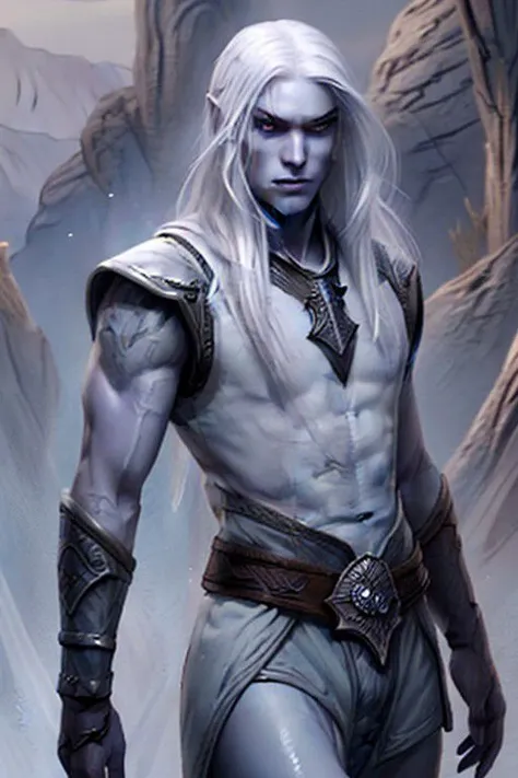Young beautiful male drow rogue with fade to white grey skin, long straight shiny white hair, blue grey eyes, thin long face, round chin, round plain cheeks, short white eyebrows, little lips with a natural smile, athletic tall body, linen sleeveless tunic