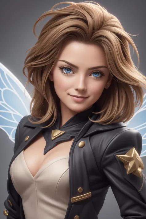 ((full body shot)), (Steampunk fairy elf (beautiful face (Bridget Fonda:0.9),brown eyes, wet eyes:0.5,sparkling eyes:0.4, a glint eyes,realistic:1.5,radiant skin:0.4,natural skin, pores:0.4, skin irregularities:0.4, smile, bright makeup, deatailed skin, detailed lips:1.2, brown eyes on woman, highly detailed eyes, perfect eyes, (highlighted hair (brown|grey), small breasts))), intricate detailed iridescent translucent blue wings, carnival row:1.3, fully clothed, gleam, twinkle, a small white dog standing next to her, ultra realistic, HD, HQ, 4K, 8K, high details, intricate detail perfect face, miracle, fantasy, small smile, full body, (ultra detailed, masterpiece, best quality), Arcane Style:1.2, Borderlands style, Telltale Games style, Oil painting, Simple colors, high detail, Vivid colors, Defined lines, defined edges, Digital art, Cartoon look, Cartoon style, Sharp shadows, Dark, GlowingRunes face, <lora:GlowingRunesAIv4:0.2>, 3DMM, <lora:3DMM_V10:0.4>