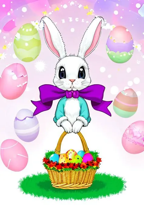DonMT0w31XL towel, female easter bunny, anthropomorphic hare, colorful eggs, festive clothing and accessories, basket filled with easter eggs, fertility, rebirth, spring, cheerful, interwoven,canopy,innate,collaboration,nocturnal,customs,supportive , purple <lora:DonMT0w31XL-000010:0.8>