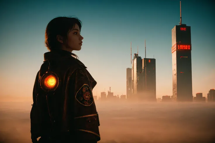 1girl, an 18 year old woman is lost and afraid, she is looking for a way home but can't seem to find the way home, gothic, surreal, emotional, matte painting, golden hour, 35mm, cinematic, 4k, highly detailed, photorealistic, volumetric lighting, dynamic, highly detailed, high budget, cinemascope, stained, epic, sharp focus, film grain, grainy, wide shot, (((cyberpunk:1, steampunk:1))), mist, bokeh