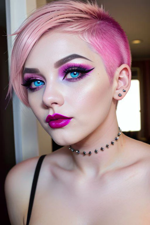 hyper realistic pastel goth femboy, vibrant, bright, ((shaved pixie cut, pink hair, blue eyes, pierced eyebrow)), ((makeup, pink eyeshadow, pink lipstick))