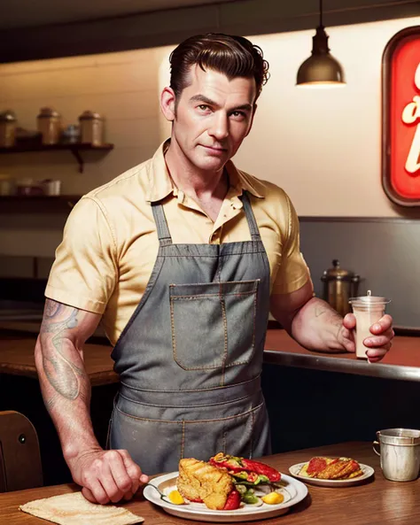 male cook, 1950's American diner, 50s, Photorealistic, Hyperrealistic, Hyperdetailed, analog style, detailed skin, matte skin, soft lighting, subsurface scattering, realistic, heavy shadow, masterpiece, best quality, ultra realistic, 8k, golden ratio, Intricate, High Detail, film photography, soft focus