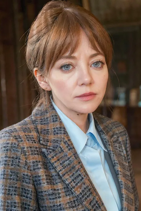 photorealistic photo of philcunk, a mature woman wearing a light blue blouse and dark grey plaid jacket, fine lines and wrinkles, looking at the camera, realistic, (masterpiece:1.1), (best quality:1.1), beautiful, (intricate details), unity 8k wallpaper, ultra detailed, aesthetic, perfect lighting, <lora:philcunk_V1-000008:0.8>