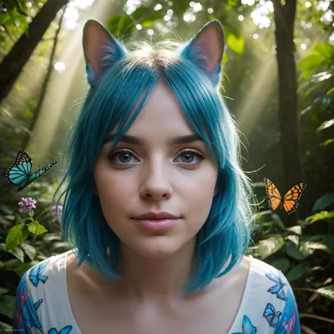 fashion photography portrait of cyan corgi dog avatar, bright lights, closed_mouth, blue_hair,  ((in lush magical forest with flowers and butterflies)), ((hard hair shadow on the face)),  symetrical, octane render, 35mm, bokeh, 9:16, (intricate details:1.12), hdr, (intricate details, hyperdetailed:1.15), (hyperrealism, soft light, sharp:1.2), depth of field, 32k uhd, natural light, ((god rays:1.1)), sunny day