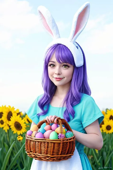 DonMT0w31XL towel, female easter bunny, anthropomorphic hare, colorful eggs, festive clothing and accessories, basket filled with easter eggs, fertility, rebirth, spring, cheerful, interwoven,canopy,innate,collaboration,nocturnal,customs,supportive , purple <lora:DonMT0w31XL-000010:0.8>