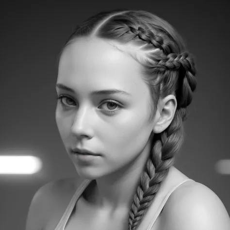 1girl, Futuristic light-weight Man, Exercising, Braided half-up half-down hairstyle, by John Constable, Ultra Detailed, broad lighting, Selective focus, Grayscale, 64K