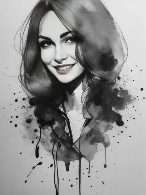 Woman, smiling, walking, looking down <lora:lora:0.8> 1nkdraw1ng,ink medium, grayscale, ink_wash, ink splatter,