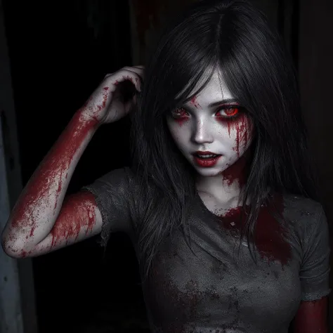 <lora:LowRA:0.8>, zombie girl in a ruined room, vampire, blood on her hands, disheveled hair, detailed face, evil smile, pale skin, (zombie pose:1.2), (red eyes:1.3), (detailed skin texture:1.2), (photorealistic:1.5), ultrasharp, (masterpiece), best quality, (extremely detailed:1.3), <lyco:GoodHands-beta2:1.0>, perfect hands,