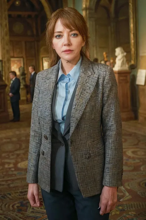 photorealistic photo of philcunk, a mature woman wearing a light blue blouse and dark grey plaid jacket, fine lines and wrinkles, standing in a museum, looking at the camera, realistic, (masterpiece:1.1), (best quality:1.1), beautiful, (intricate details), unity 8k wallpaper, ultra detailed, aesthetic, perfect lighting, <lora:philcunk_V1-000008:0.85>