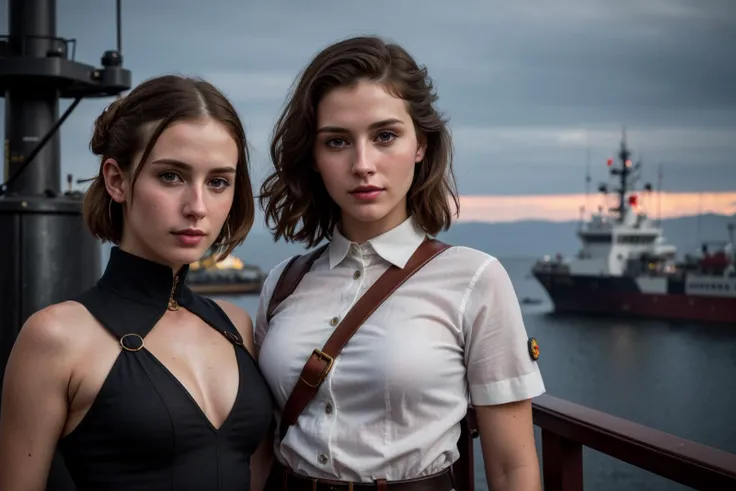 (2 girls:1.2), ( freckles:0.8), perfect eyes, chestnut bun hair, Style-GravityMagic, upper body, (detailed background:1.2), detailed face, (dieselpunk, ww2 dieselpunk theme:1.1), ship captain, calm, orange admiral uniform, dynamic movement, in port, rigging, rail, ship wheel, island in background, overcast, (dramatic lighting:1.2), tense atmosphere, volumetric light, masterpiece, 8k, perfect lighting, (complimentary colors:1.2), (best quality:1.3), dramatic lighting, (intricate details:1.1), subsurface scattering, ultrarealistic,