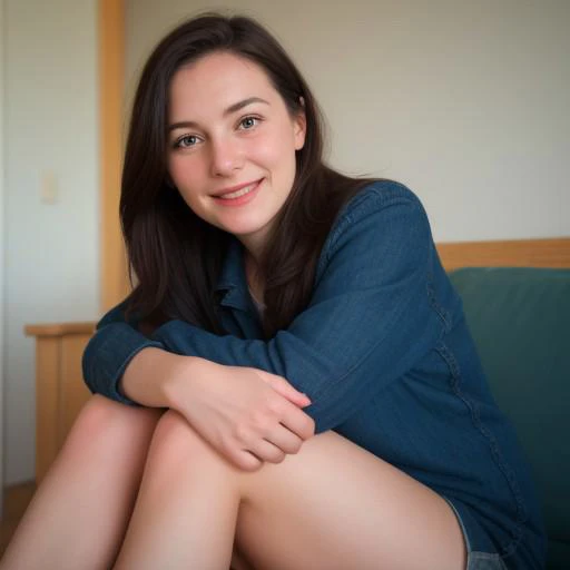 a girl, hugging knees,anatomy correct,calm and relaxed,little smile, watching at me,