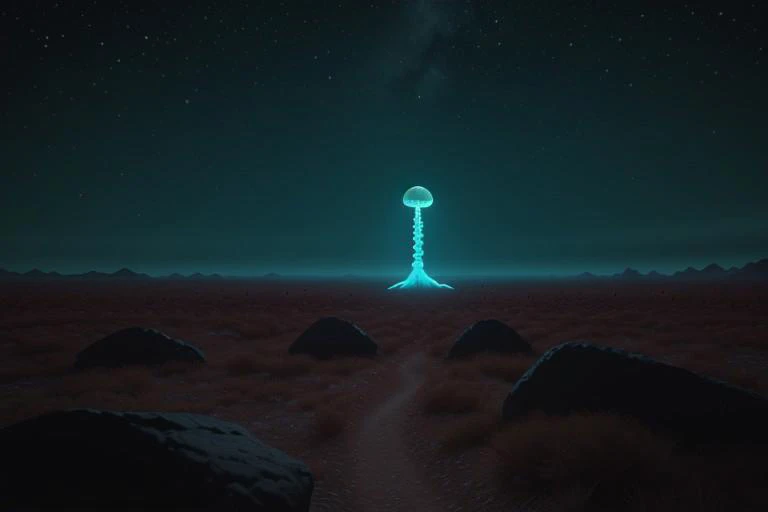 The barren landscape stretches out as far as the eye can see, dotted occasionally by jagged rocks or patches of sparse vegetation that seem to defy survival on such harsh conditions alone.
Amidst these desolate surroundings lies a small yet intriguing ecosystem - an alien biosphere full of diverse and exotic species. These organisms display neon blue or neon orange based on Bacteriophage activity. Some resemble elongated jellyfish floating near rocky formations while others exhibit colors unseen before; their bodies pulsating with bioluminescence providing illumination to the surrounding darkness.
The planetoid's atmosphere is thick with gases that make visibility highly variable in the alien biosphere.
