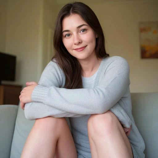 a girl, sitting with hugging knees,anatomy correct,calm and relaxed,little smile, watching at me,